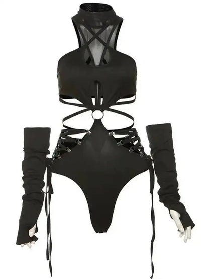 Harness Cutout Mock Neck Bodysuit with Arm Sleeves Alternative Fashion Style