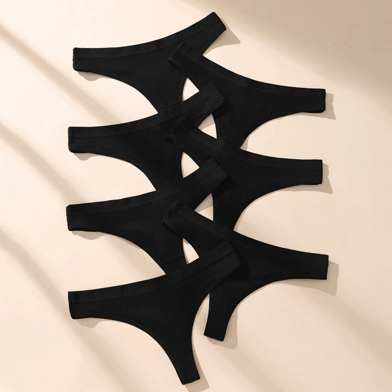 7-Piece Women’s Cotton Low-Rise Thong Panties Set with Striped Side Details, Minimal T-Back Silhouette and Assorted Black Designs