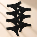 7-Piece Women’s Cotton Low-Rise Thong Panties Set with Striped Side Details, Minimal T-Back Silhouette and Assorted Black Designs