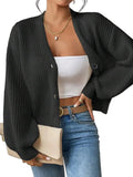 Women's Ribbed V Neck Button Front Cardigan with Cropped Relaxed Fit