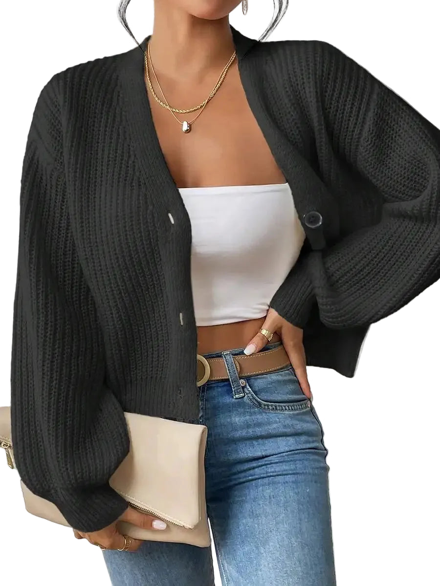 Women's Ribbed V Neck Button Front Cardigan with Cropped Relaxed Fit