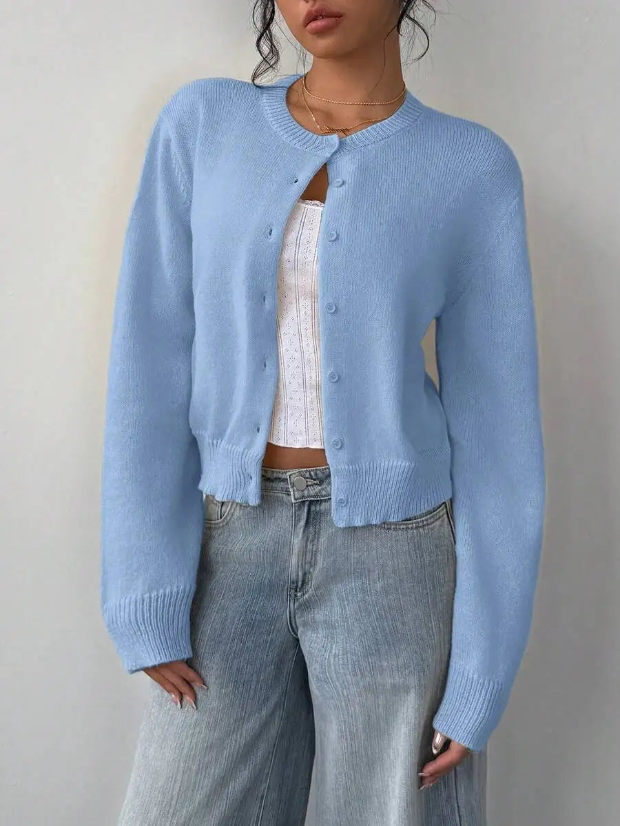 Women's Cropped Crew Neck Relaxed Fit Minimalist Knit Sweater