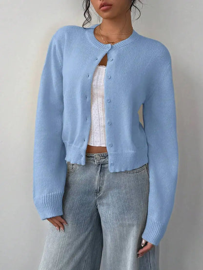 Women's Cropped Crew Neck Relaxed Fit Minimalist Knit Sweater