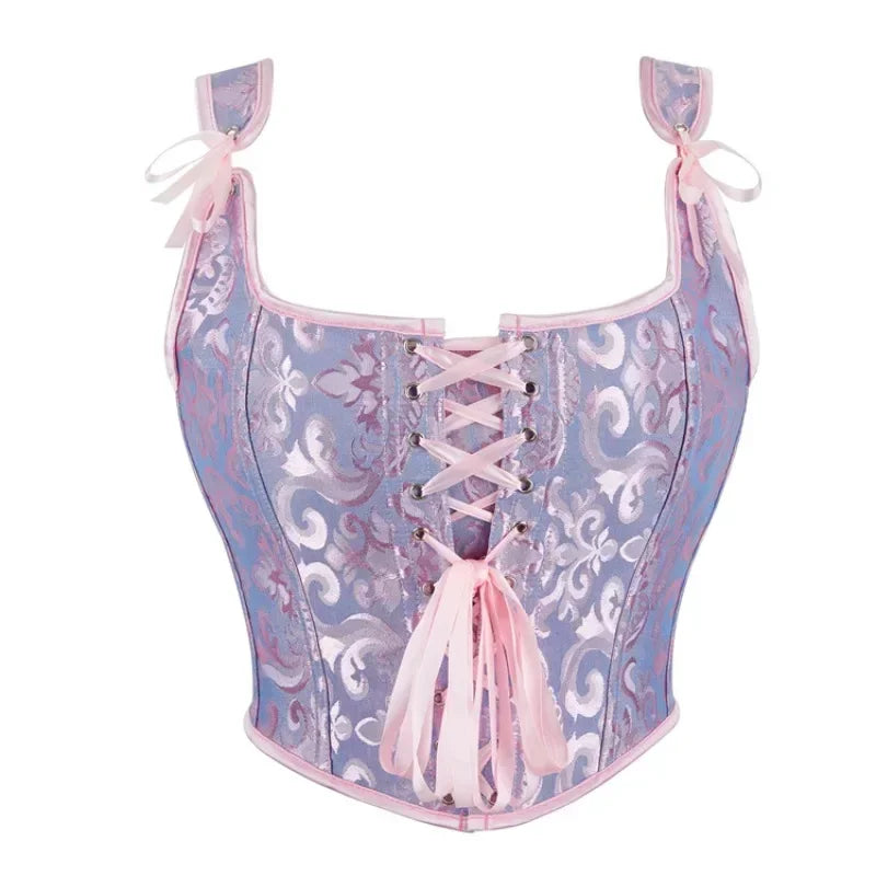 Printed Lace-Up Corset Top with Structured Boning and Adjustable Shoulder Ties