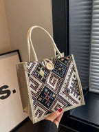 Floral Print Linen Tote Shoulder Bag with Button Closure Design