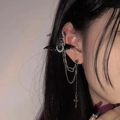 Gothic Winged Cross Chain Earrings with Heart Accent Statement Design