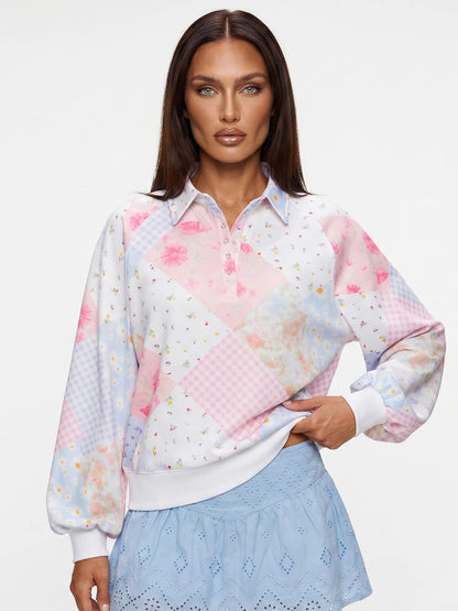 Women's Floral Print Quarter Button Pullover with Relaxed Fit for Casual Everyday Style