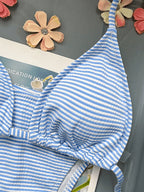 Light Blue and White Striped Triangle String Bikini Set