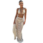 Cream Crochet Three-Piece Swimwear Set with Halter Bikini and Sheer Maxi Skirt