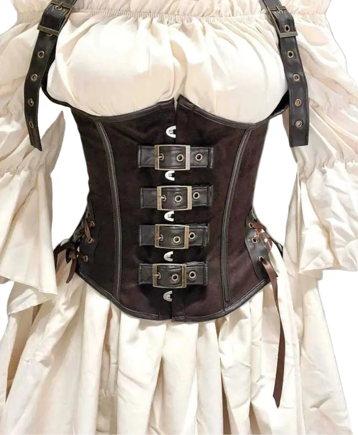 Vintage-Inspired Dark Faux Leather Underbust Corset with Adjustable Halter Straps and Metal Buckles