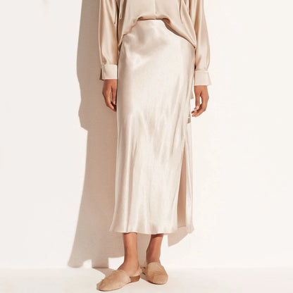 Elegant High Waist Satin Maxi Skirt with Side Slit Pencil Silhouette