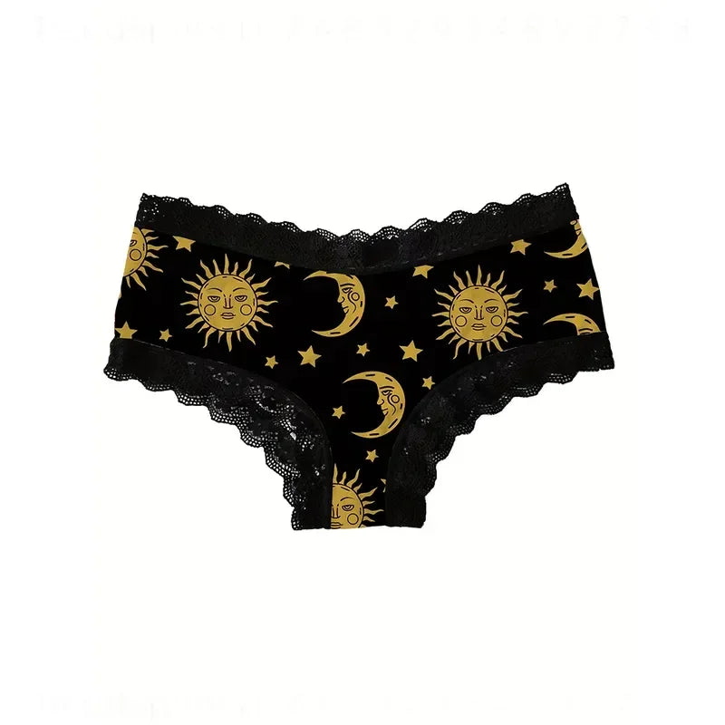 Women’s Black and Gold Lace Briefs with Celestial Sun and Moon-Inspired Details, Decorative Waistband and Alternative Style