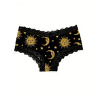 Women’s Black and Gold Lace Briefs with Celestial Sun and Moon-Inspired Details, Decorative Waistband and Alternative Style