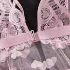 Grey and Pink Heart-Patterned Mesh Babydoll Set with Handkerchief Hem