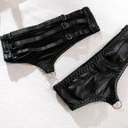 Faux Leather Wet-Look Three-Piece Lingerie Set with Garter Belt