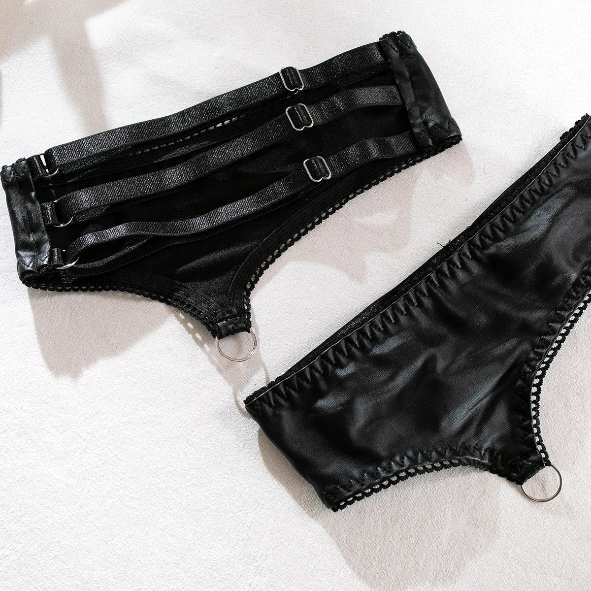Faux Leather Wet-Look Three-Piece Lingerie Set with Garter Belt