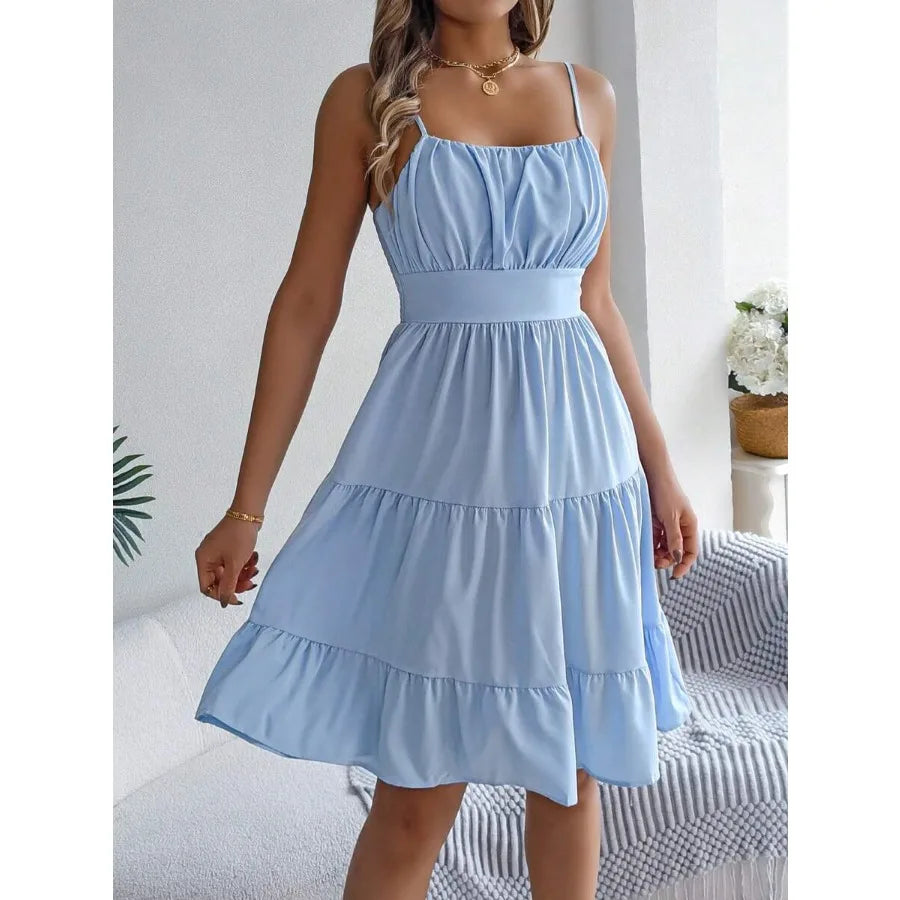 Ruched Strapless Tiered Mini Dress with Flowy Contemporary Summer Styling