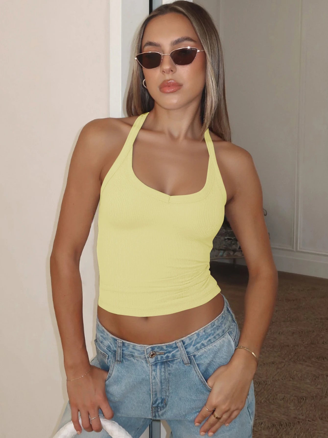 Halter Crop Tank Top with Slim Fit Open Back Contemporary Streetwear Style