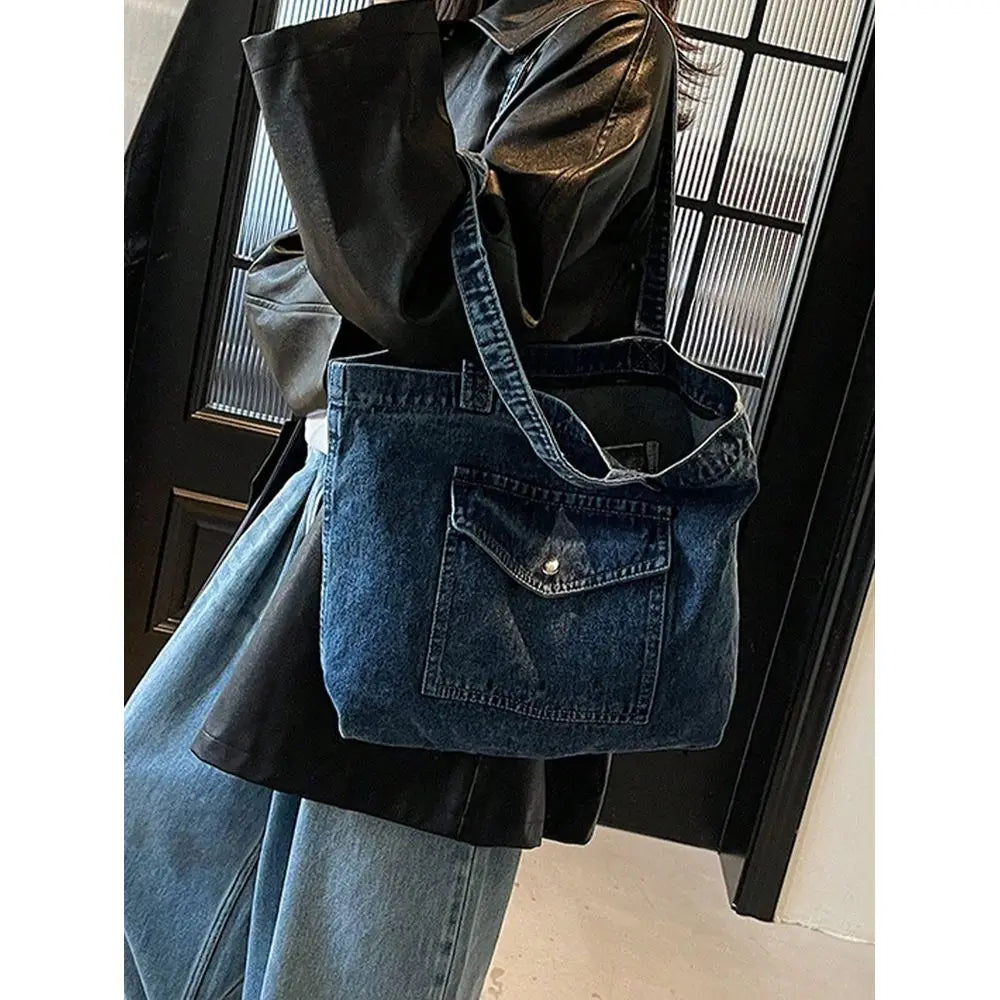 Distressed Denim Style Tote Shoulder Bag with Relaxed Carry Design