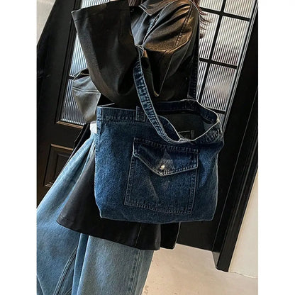 Distressed Denim Style Tote Shoulder Bag with Relaxed Carry Design
