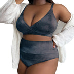 Black Textured High-Waisted Two-Piece Swimsuit with Strappy V-Neck Top and Wide Waistband Detail