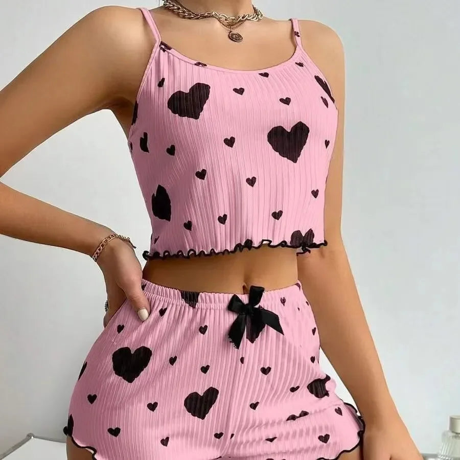 Sweetheart Print Two-Piece Cropped Camisole and Shorts Sleepwear Set with Lettuce Trim