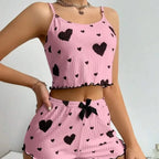 Sweetheart Print Two-Piece Cropped Camisole and Shorts Sleepwear Set with Lettuce Trim