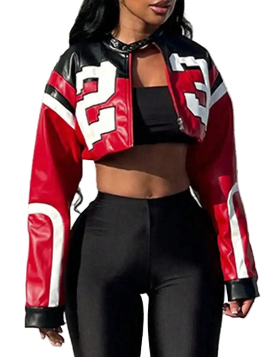 Cropped Faux Leather Varsity Style Zip Jacket with Statement Streetwear Design