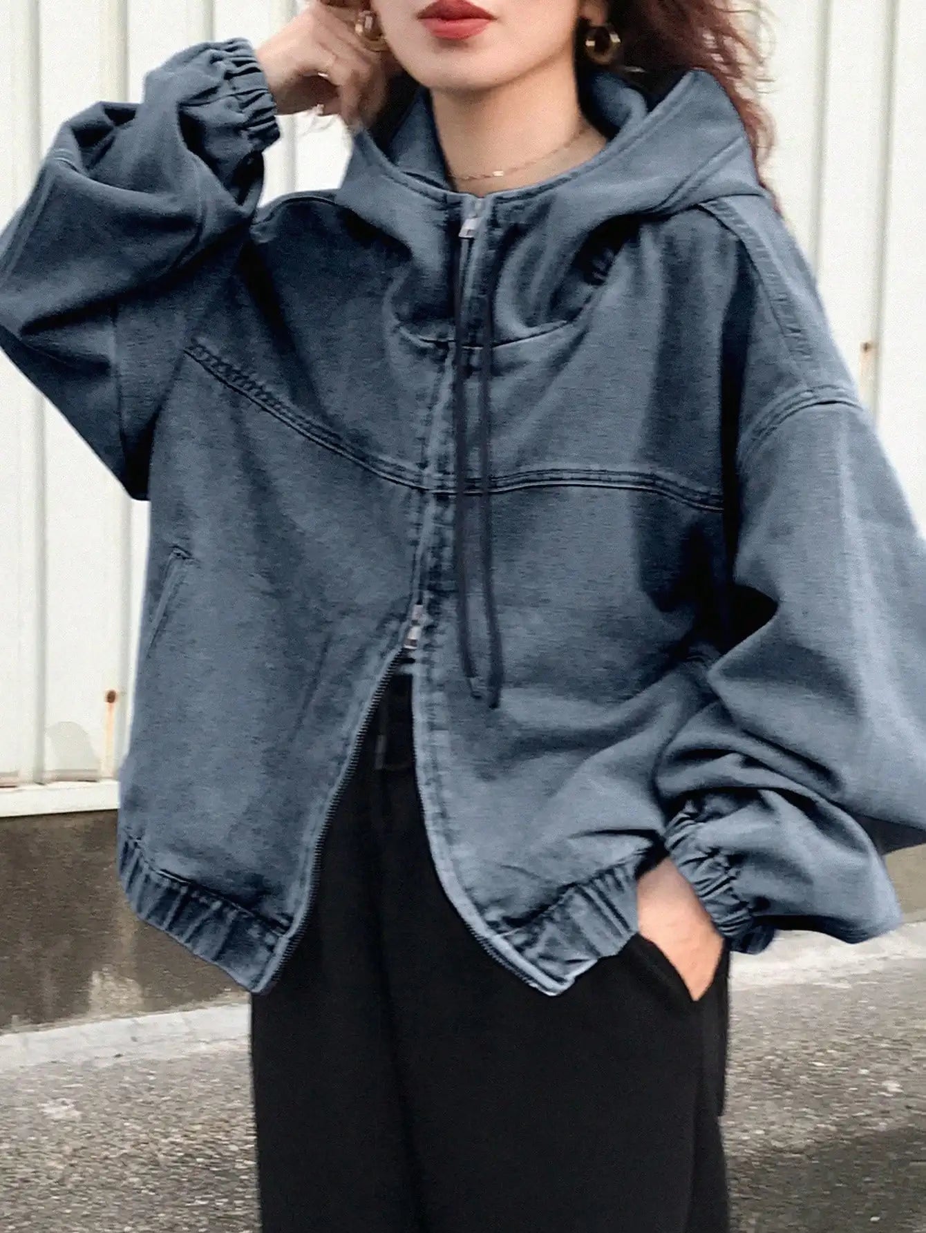 Women's Hooded Denim Zip-Up Jacket Relaxed Streetwear Drawstring Everyday Outerwear