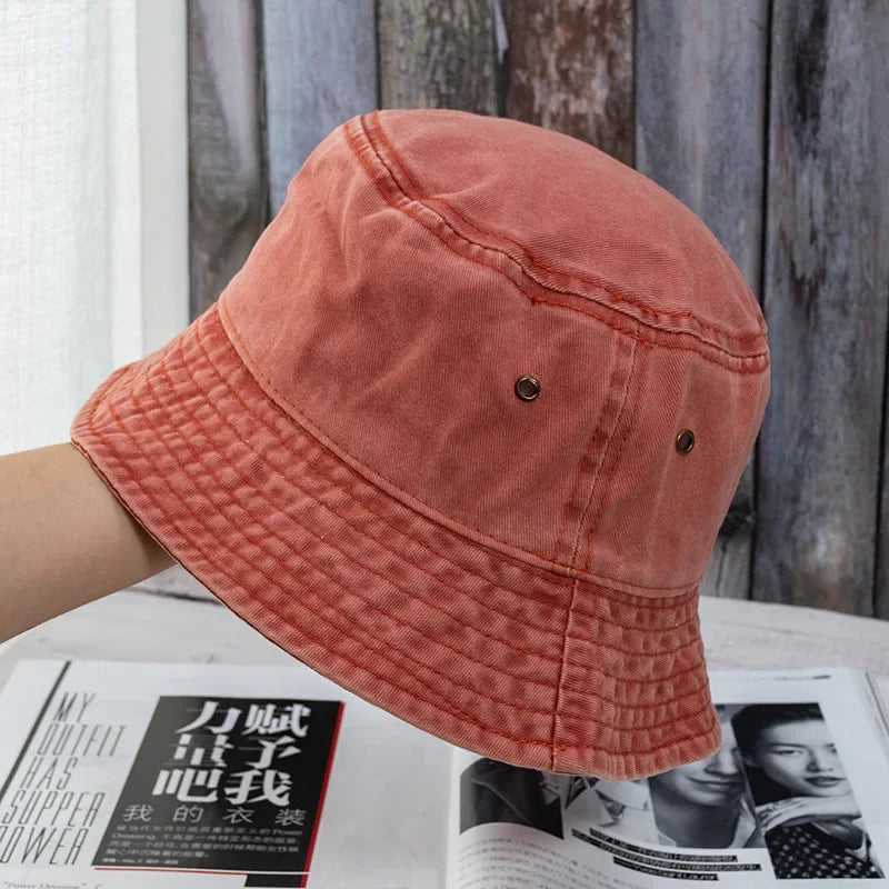 Washed Cotton Bucket Hat Flat Crown Casual Streetwear Outdoor Fisherman Style Hat