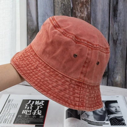 Washed Cotton Bucket Hat Flat Crown Casual Streetwear Outdoor Fisherman Style Hat