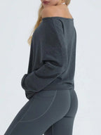 Off-Shoulder Relaxed Fit Knit Pullover Sweater with Long Sleeves and Side Pocket