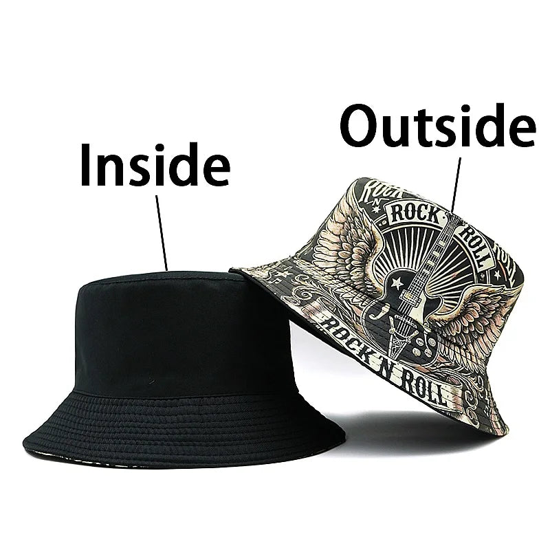 Vintage Graphic Print Bucket Hat Double Layer Casual Streetwear Fisherman Outdoor Cap