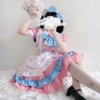 Women's Ruffle Maid-Inspired Dress with Layered Skirt, Apron and Matching Headpiece