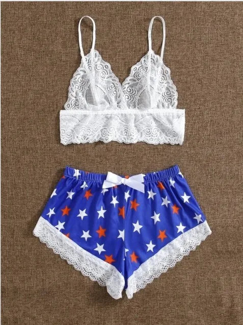 Playful Star Print Shorts and White Floral Lace Bralette Sleep Set