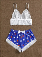 Playful Star Print Shorts and White Floral Lace Bralette Sleep Set