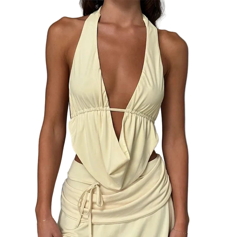Women's Draped Halter Neck Sleeveless Fitted Crop Top for Elegant Casual Summer Styling