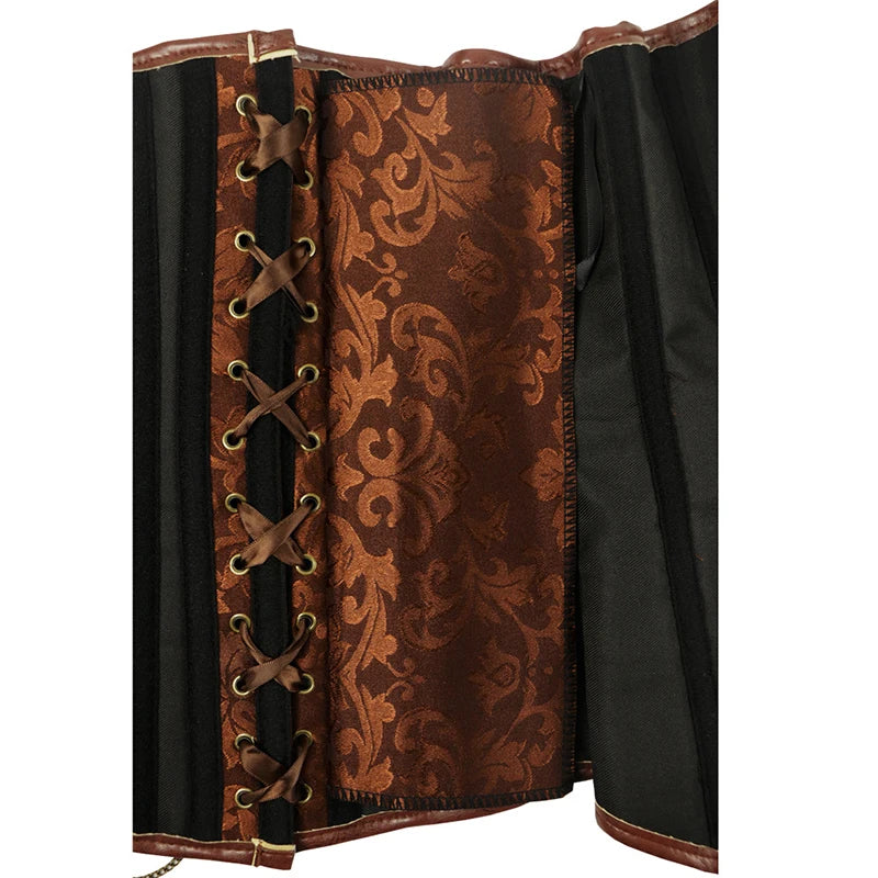 Steampunk Brown Jacquard Overbust Corset with Faux Leather Belt Detailing
