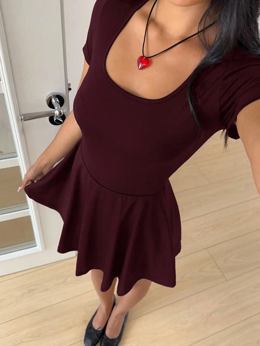 Square Neck Short Sleeve A-Line Mini Dress with Flared Skater Silhouette