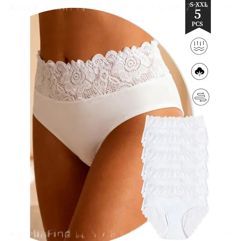 5-Piece Women’s High-Waisted Lace Briefs Set with Floral Detailing, Delicate Trim and Classic Full-Coverage Silhouette