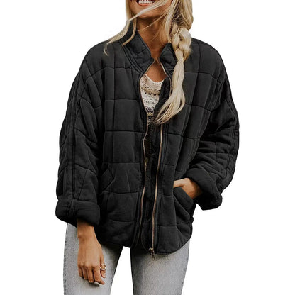 Women's Quilted Button Front Jacket with Relaxed Casual Layering Streetwear Silhouette