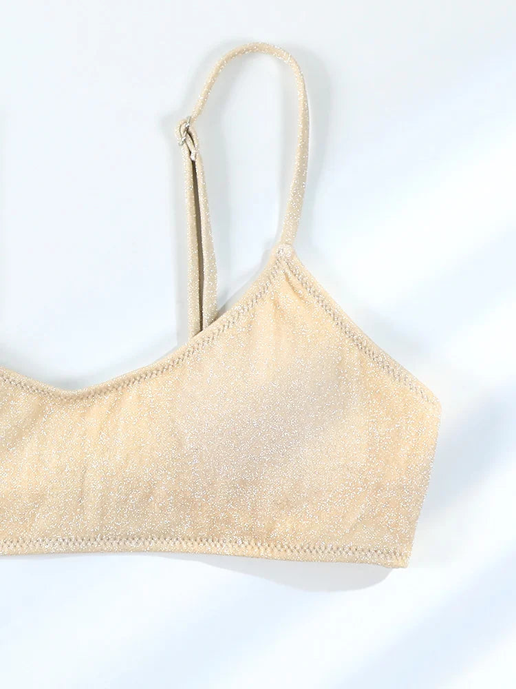 Shimmering Champagne Scoop Neck Bralette Bikini Set