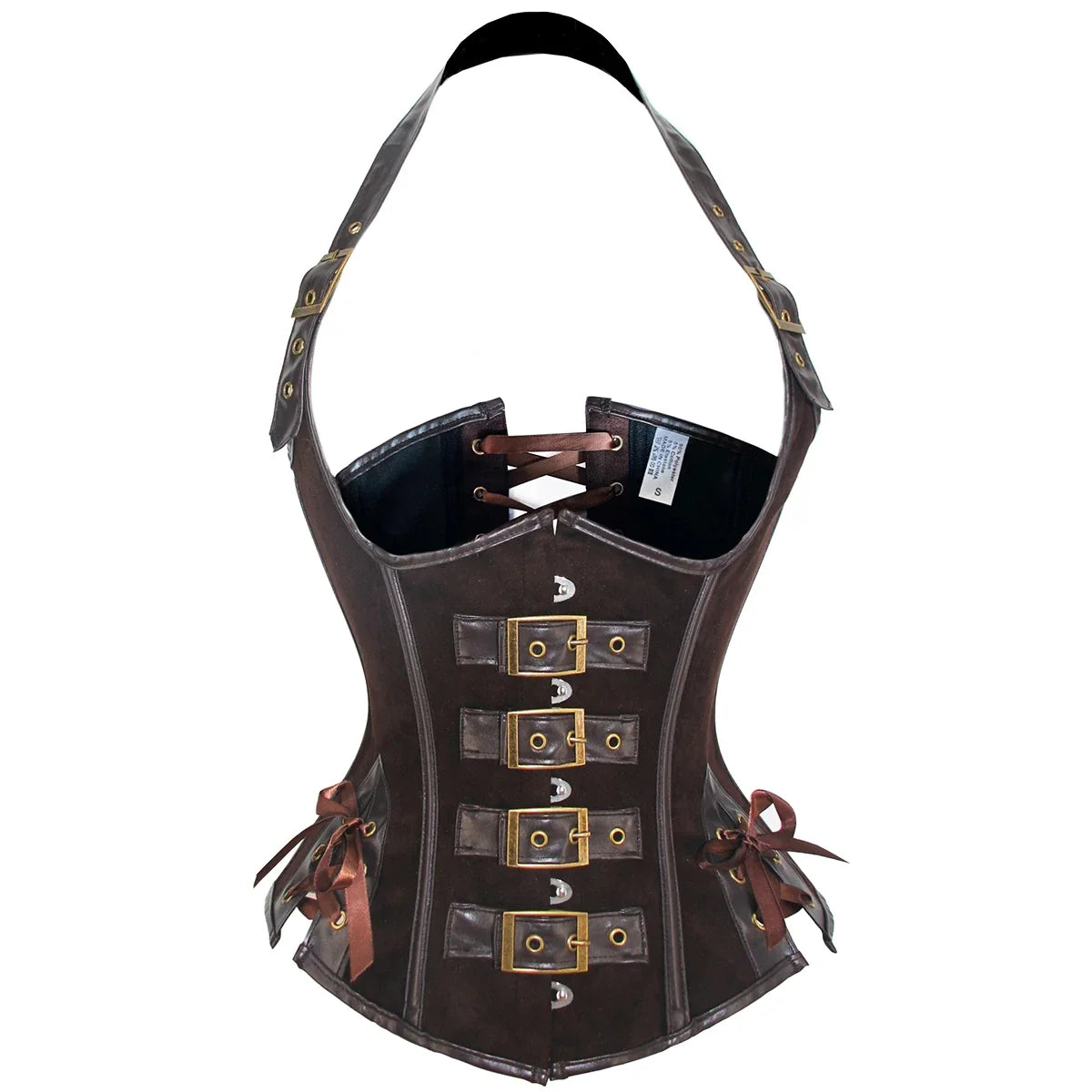 Vintage-Inspired Brown Suede Underbust Corset with Halter Strap and Metal Buckles