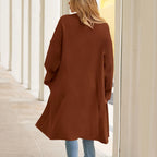 Women's Longline Button Front Knit Cardigan with Lapel Collar and Pocket Detail
