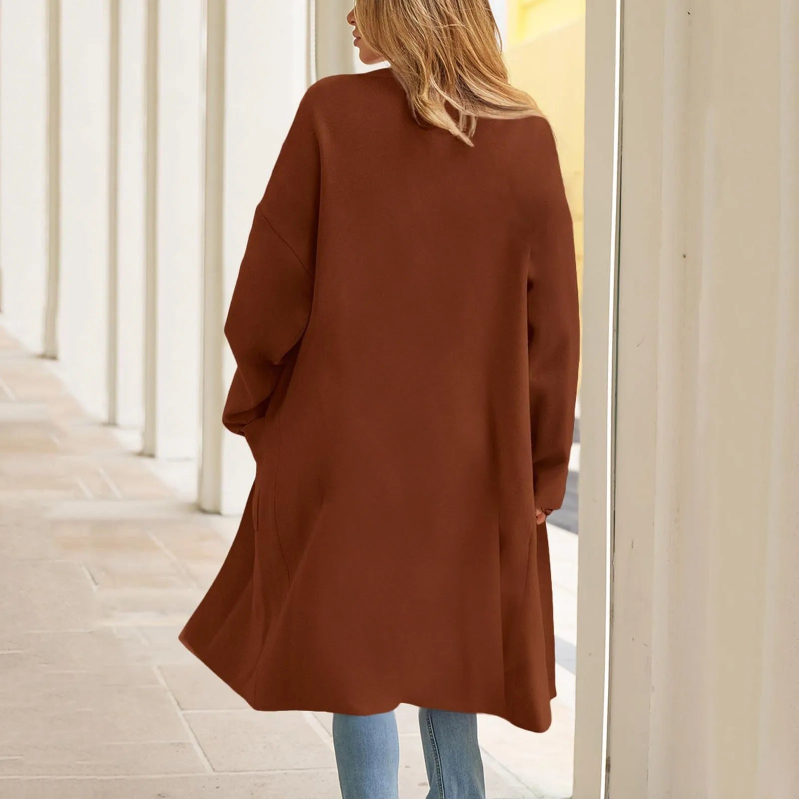 Women's Longline Button Front Knit Cardigan with Lapel Collar and Pocket Detail
