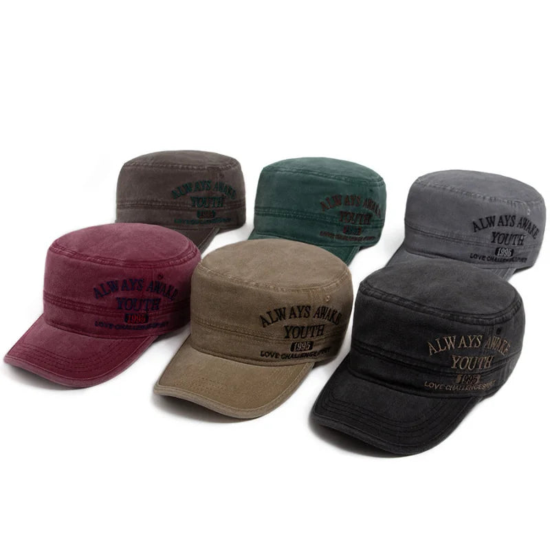 Unisex Vintage Military Style Flat Top Cap with Embroidered Detail for Casual Everyday Wear