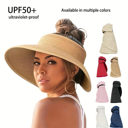 Foldable Wide Brim Straw Visor Hat with Open Top Design for Beach and Summer Travel
