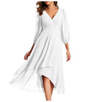 Long Sleeve Wrap Midi Dress with Ruffle Hem and Flowing Chiffon Layers