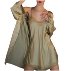 Classic Two-Piece Satin-Finish Slip Dress and Wrap Robe Set with Delicate Lace Accents