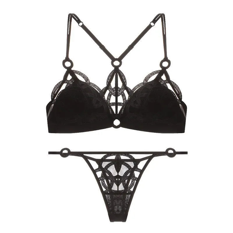 Edgy Black Geometric Strappy Wire-Free Bra and Thong Set